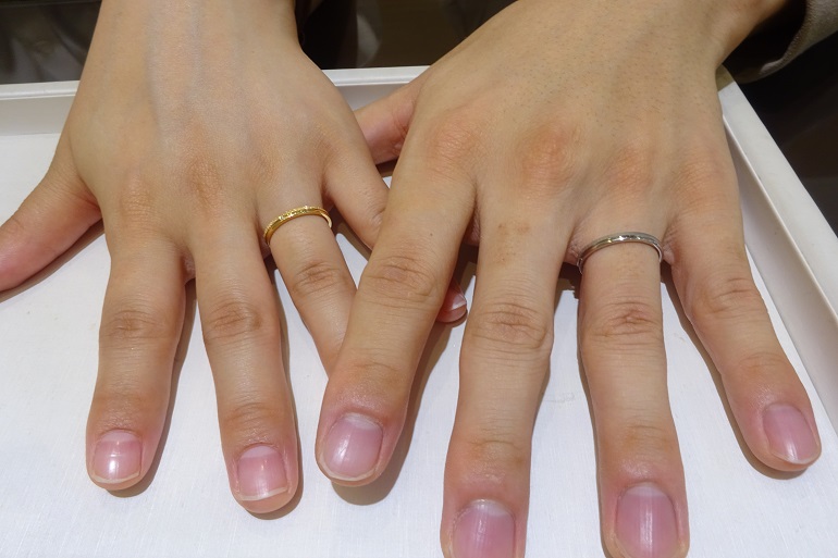 和歌山県紀の川市｜鍛造製法でピンクゴールドのデザインが素敵なラプンツェルの結婚指輪をご成約されたお客様です。