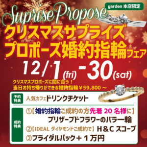 大阪府岸和田市クリスマスのサプライズプロポーズ婚約指輪フェア開催中